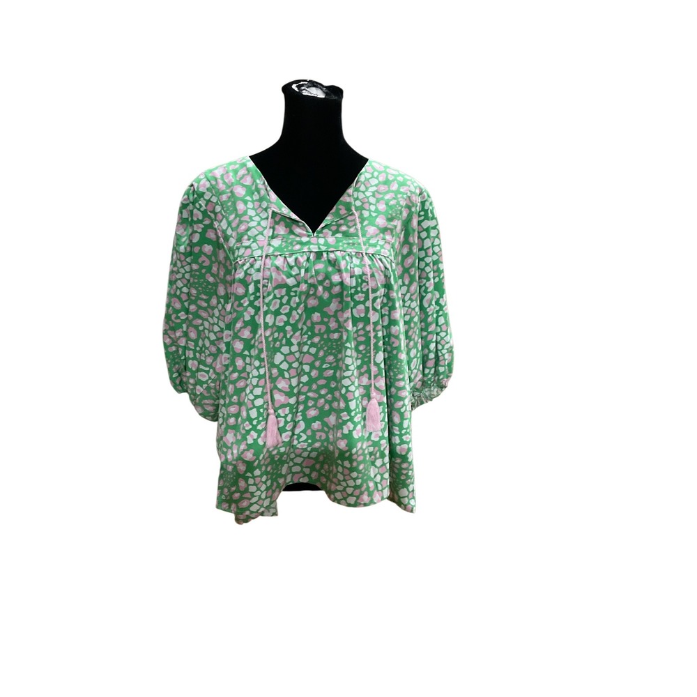 Michelle McDowell Green Pink Leopard Print Tassel Balloon Sleeve Blouse Large